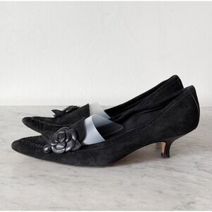Y2K Beverly Feldman Love & Desire Black Suede Rose Kitten Heel Pointed Toe Pumps